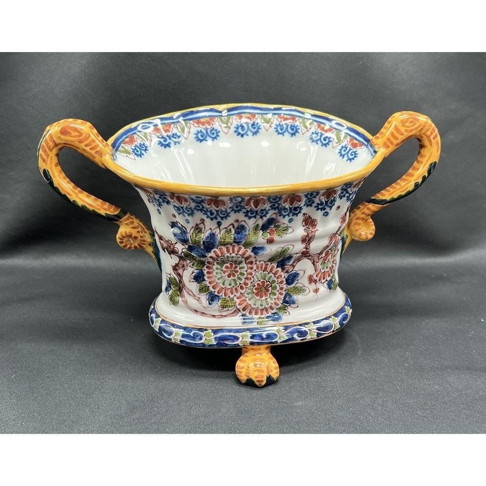 VTG Dutch Makkum Vase Serpent/Dragon Handles  Flower Design